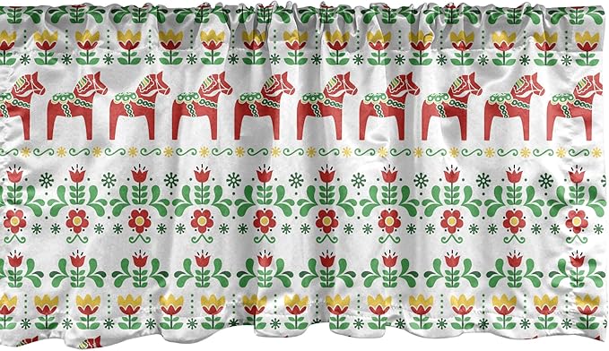Ambesonne Folk Art Window Valance Pack of 2, Scandinavian Themed Pattern of Swedish Dala Horse and Flowers, Rod Pocket Curtain Valances for Kitchen Bedroom, 54" X 12", Green Vermilion