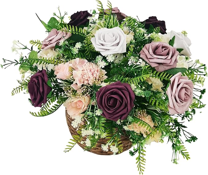 Artificial Fake Flowers 25pcs Roses, Shade of Dark Purple Foam Rose Faux Flower for DIY Wedding Bouquet Bridal Shower Centerpieces Floral Arrangements Party Table Home Decorations