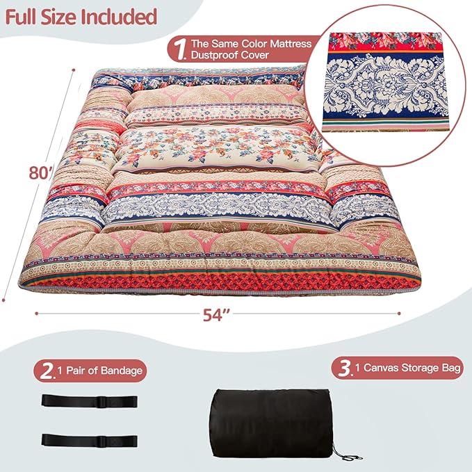 MAXYOYO Bohemian Retro Floor Mattress Vintage Floral Japanese Futon Mattress Roll Up Thicken Sleeping Bed Portable Camping Mattress Floor Lounger Couch Bed Mattress Pad, Full Size
