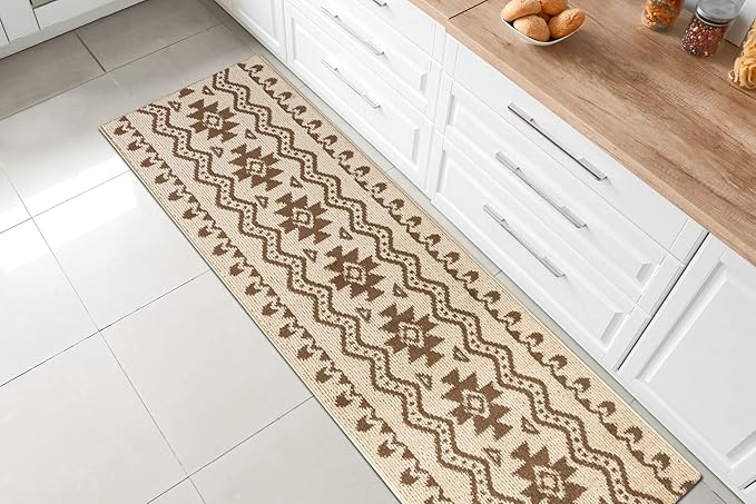 Custom Length Cut to Size Tribal Ethnic Southwestern Inspired Hallway Runner Rug, Non Slip Rubber Backed, 31 inch Wide X Customized Length, Aztec Beige, 31 inch X 18 feet