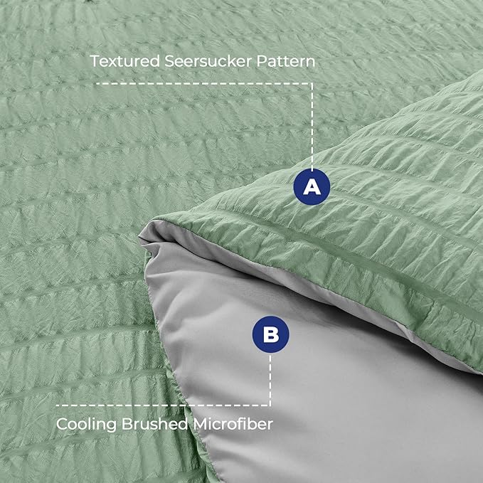HYMOKEGE Sage Green/Light Grey King Size Comforter Set Seersucker 7 Pieces, All Season Luxury Bed in a Bag for Bedroom, Bedding Set with Comforter, Sheets, Pillowcases & Shams