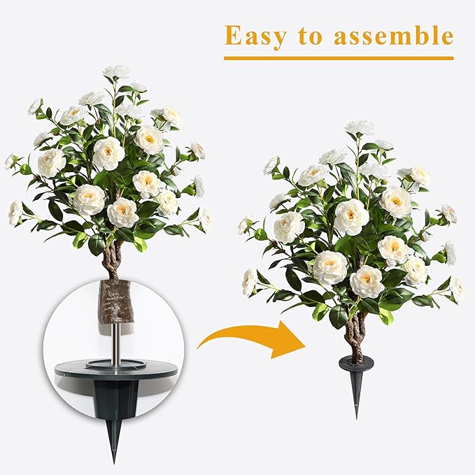 36''Artificial Camellia Tree, 2 Pack Soil Insertion w/Spike,Flower Plants, Faux Floral Plant Blooming Tree in Cement Pot, Greenery Potted Plant for Indoor Outdoor Office Home Porch Decor