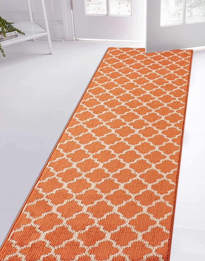 Custom Size Moroccan Trellis Runner Rug Mat for Wide Hallway Entryway Kitchen Laundry Room with Slip Resistant Latex Rubber Backing, Trellis Orange, 31 inch X 12 feet