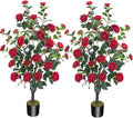 3.6FT Artificial Camellia Fake Tree, Artificial Plants & Flowers with 32 Red Flowers for Door Front Decoration Porch Patio Living Room Office Indoor Outdoor Decor (2PCS Contains Dried Moss)