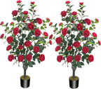 3.6FT Artificial Camellia Fake Tree, Artificial Plants & Flowers with 32 Red Flowers for Door Front Decoration Porch Patio Living Room Office Indoor Outdoor Decor (2PCS Contains Dried Moss)