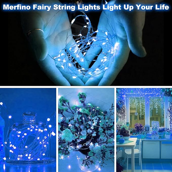 50 Pack Fairy Lights Battery Operated - 3 Speed Modes, 7Ft 20 LED String Twinkle Lights, Waterproof Copper Wire, Mini Firefly Light for Mason Jars Vases Christmas Decor, Blue