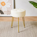 IBUYKE Faux Leather Round Footrest Stool, Makeup Vanity Stool Side Table, PU Dressing Table Seat, Pouf Couch Stool, Golden Steel Legs, White LG-31W