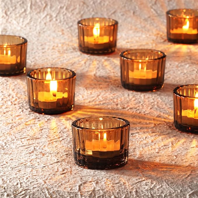 Homemory 24 Pcs Tealight Candle Holders, Amber Votive Candle Holders, Glass Candle Holder for Table Centerpiece, Wedding, Baby Shower, Birthday, Party, Halloween, Christmas