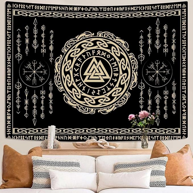 OSUNBD Nordic Viking Tapestry Wall Hanging - Small 70x47 inches Soft Flannel with Valknut, Celtic Runes & Norse Mythology Scandinavian for Bedroom, Living Room Decor