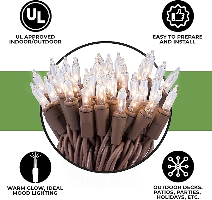 612 Vermont 100 Clear Mini Christmas String Lights on Brown Wire Cord, UL Approved for Indoor/Outdoor Use, 18 Foot of Lighted Length, 20 Foot of Total Length