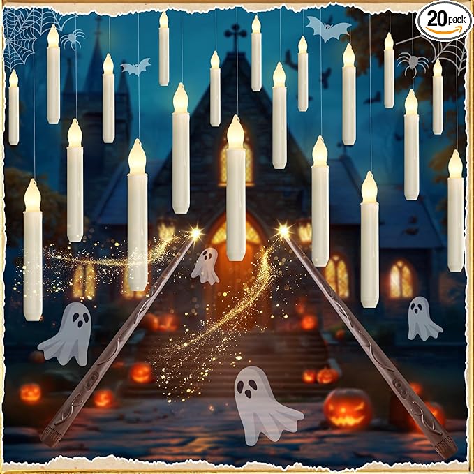 Homemory Hanging 20 Pcs Floating Candles with 2 Wand Remote and String, Flying Flameless LED Taper Candles Warm White Light, Battery Operated Window Candle for Halloween Christmas Party