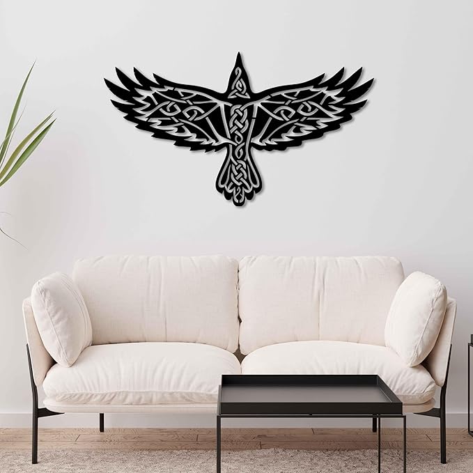KAWA METALWORKS Nordic Viking Wall Art Decor, Norse Raven Metal Sculpture, Odin's Wall Decor, Mythology Art (Black, Small - 10.2" x 18" (H x W))