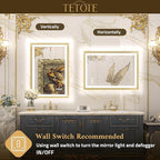 TETOTE Gold LED Bathroom Mirror with Lights 28x36 Frontlit & Backlit Vanity Framed Mirror Baroque Anti Fog Stepless Dimmable White/Warm/Natural,CRI90+,Waterproof,Wall Mounted(Horizontal/Vertical)