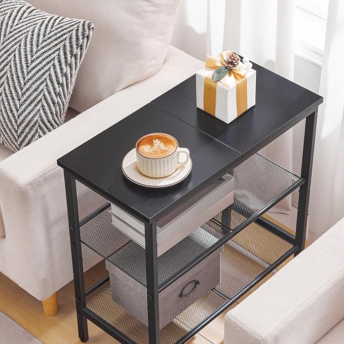 HOOBRO Black Side Table, 3-Tier Metal Side Table, Small Black Table with 2 Flat or Slant Adjustable Shelves for Small Spaces, Hallway, Living Room, Bedroom, Sturdy, Easy Assembly, Black BB23BZ01G1