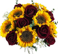 24PCS Fake Rustic Combination Flowers Artificial Fall Decor Long Single Stem Flower Include Sunflowers Babys Breath Burgundy Roses and Green Eucalyptus Stems for Wedding Home Party Decor