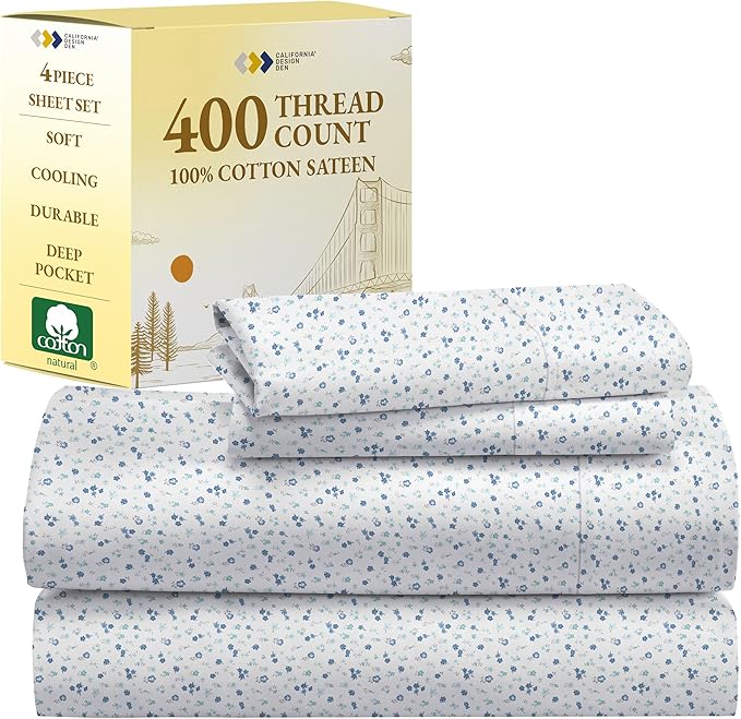 California Design Den Full Size Bed Sheets Set - 400 Thread Count Sateen, Natural 100% Cotton Sheets, Deep Pocket Cooling and Durable Bedding - Blooming Meadows