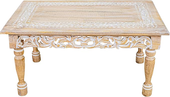 Rectangular Wooden Coffee Table 36x24x18 Inch – Beige Finish with Cutwork Jali Carving, Rustic Farmhouse Style, Mid-Century Modern Living Room Furniture