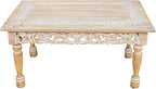 Rectangular Wooden Coffee Table 36x24x18 Inch – Beige Finish with Cutwork Jali Carving, Rustic Farmhouse Style, Mid-Century Modern Living Room Furniture