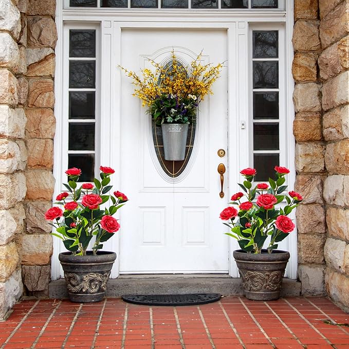 2Pack Artificial Camellia Tree, 2FT Faux Camellia Plant in Pot with Red Flowers for Spring Home Front Door Outdoor Indoor Decoration,Red