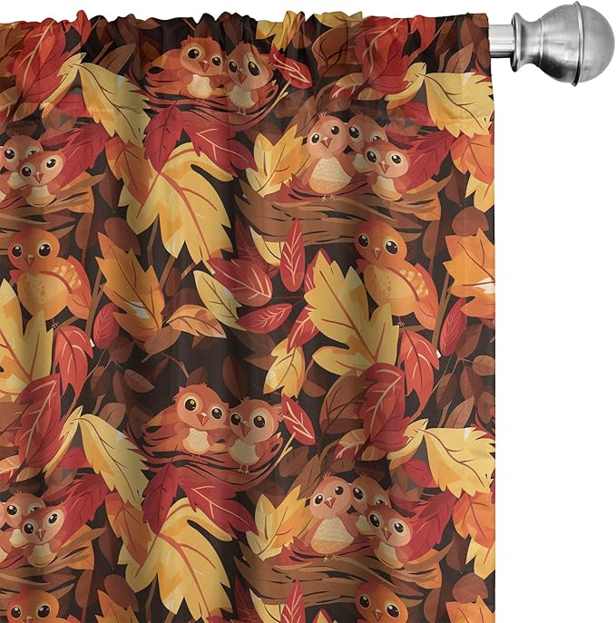 Ambesonne Fall Curtains, Happy Autumnal Colors with Birds in Nests Cartoon Illustration Print, Window Treatments 2 Panel Set for Living Room Bedroom, Pair of - 28" x 84", Cinnamon Amber and Orange