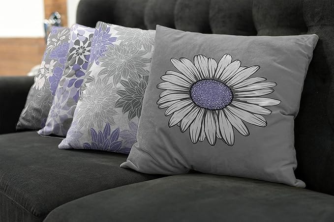 Ambesonne Floral Throw Pillow Cushion Case Pack of 4, Flower Petals Modern Color Palette Chamomile Peony Dahlia and Sunflower Print, Modern Accent Double-Sided Digital Printing, 20", Lavender and Grey