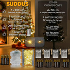 suddus 66ft 200 LED Outdoor String Lights, Warm White Christmas Fairy Light Battery Operated with Remote, Led Twinkle Lights for Bedroom, Dorm, Patio, Fireplace, Backyard, Garden, Xmas, Party, Indoor