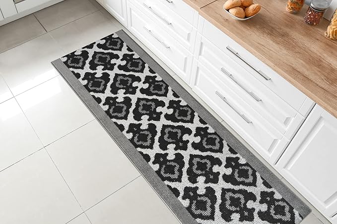 Custom Length Cut to Size Fleur de Lis Inspired Carpet Runner Rug for Hallways, Non Slip Rubber Backed, 31 inch Wide X Customized Length, Royal Grey, 31 inch X 21 feet