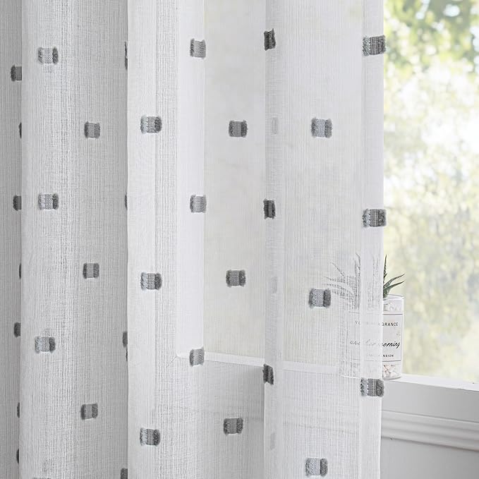 MYSKY HOME White Curtains for Bedroom 72 Inch Length Long Sheer Curtains for Kids Room Nursery Curtains with Grey Patched Design Rod Pocket Privacy Window Drapes Dining Room 52" x 72" 2 Panels