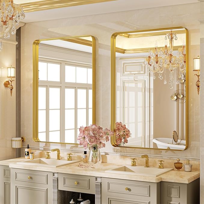 VooBang Bathroom Mirror 24x32 inch, Gold Gorgeous Deep Frame Wall Mirror, Modern Round Corner Bathroom Vanity Mirror for Bedroom, Living Room, Hanging or Leaning Horizontal or Vertical, Gold