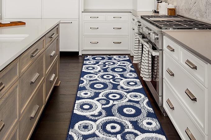 Custom Length Cut to Size Retro Modern Coastal Carpet Runner Rug for Hallways, Non Slip Rubber Backed, 31 inch Wide X Customized Length, Geo Blue, 31 inch X 27 feet