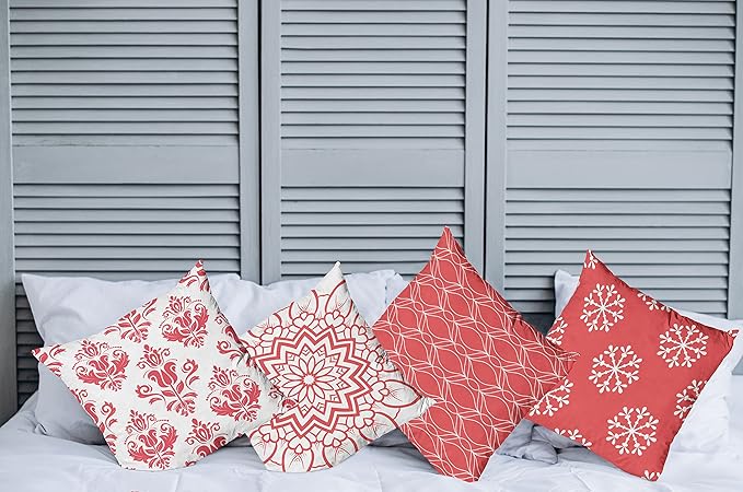 Ambesonne Retro Throw Pillow Cushion Case Pack of 4, Trellis Grid Medieval Floral Damask Mandala Flower Ornament in Modern Monochrome, Modern Accent Double-Sided Digital Printing, 16", Dark Coral