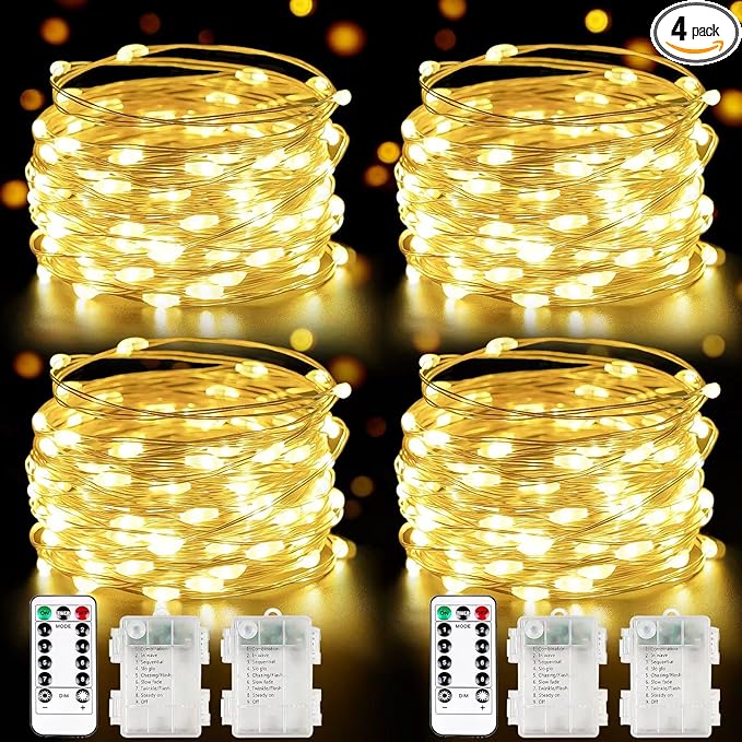 4 Pack 100 LED Fairy Lights Battery Operated with Remote, 33FT Waterproof Twinkle Lights with Timer & 8 Modes, Fairy String Light Outdoor Indoor for Bedroom Classroom DIY Christmas Decor (Warm White)