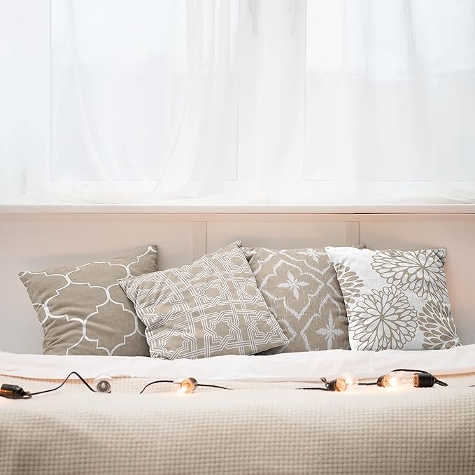 Ambesonne Vintage Throw Pillow Cushion Case Pack of 4, Monochrome Design Grid Trellis Quatrefoil Mesh and Dahlia Flowers Modern Print, Modern Accent Double-Sided Digital Printing, 20", Tan and White