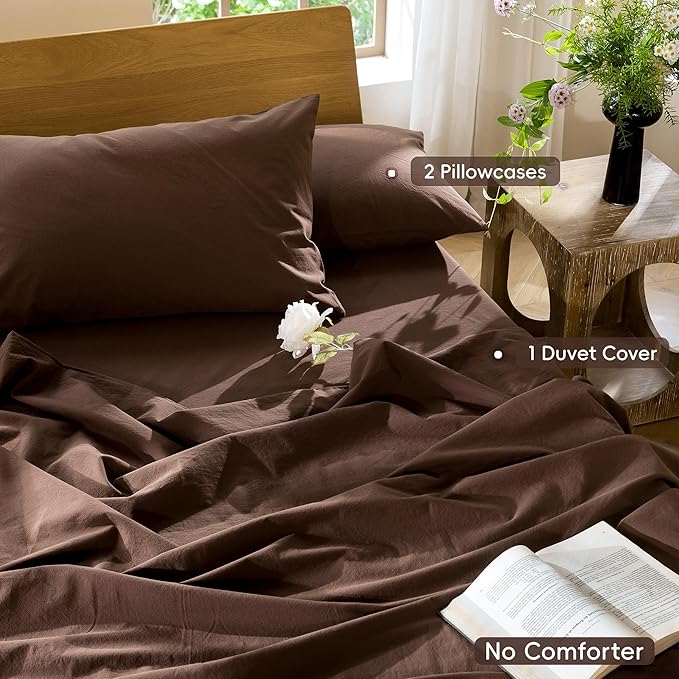 MooMee Bedding Duvet Cover Set 100% Washed Cotton Linen Like Textured Breathable Durable Soft Comfy (Solid Cocoa Brown, King 104"x90")