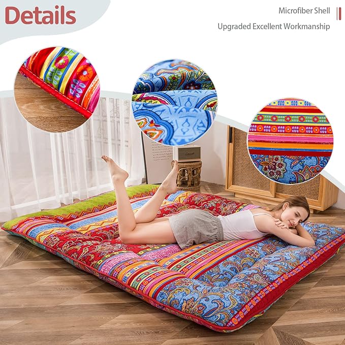 MAXYOYO Bohemian Retro Floor Mattress Vintage Floral Japanese Futon Mattress Roll Up Thicken Sleeping Bed Portable Camping Mattress Floor Lounger Couch Bed Mattress Pad, Full Size