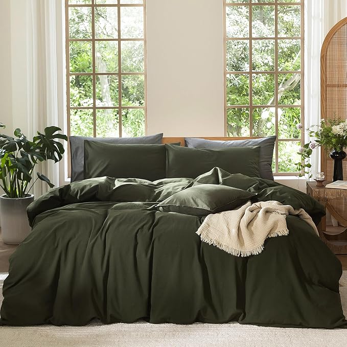 MooMee Bedding Duvet Cover Set 100% Washed Cotton Linen Like Textured Breathable Durable Soft Comfy (Solid Olive Green, Full 80"x90")