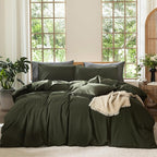 MooMee Bedding Duvet Cover Set 100% Washed Cotton Linen Like Textured Breathable Durable Soft Comfy (Solid Olive Green, King 104"x90")