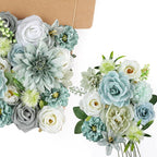 AmyHomie Teal Blue Artificial Flowers Combo Silk Mix Peony Rose Fake Flowers w/Stem for DIY Wedding Bouquets Centerpieces Arrangements Table Fall Decor Party Bridal Baby Shower Home Decorations