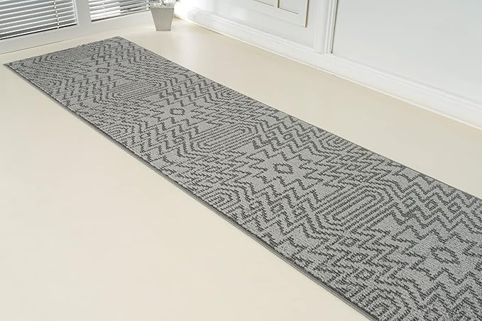 Custom Size Southwestern Style Runner Rug Mat for Wide Hallway Entryway Kitchen Laundry Room with Slip Resistant Latex Rubber Backing, Inca Grey, 31 inch X 12 feet
