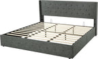 Allewie King Size Lift Up Storage Bed, Button Tufted Headboard with Wingback, Hydraulic Support, No Box Spring Needed, Dark Grey