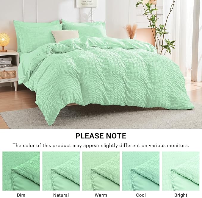 HYMOKEGE Mint Green King Size Comforter Set Seersucker 7 Pieces, All Season Luxury Bed in a Bag for Bedroom, Bedding Set with Comforter, Sheets, Pillowcases & Shams