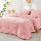 HYMOKEGE Rose Pink Queen Comforter Set Seersucker 7 Pieces, All Season Luxury Bed in a Bag Queen for Bedroom, Bedding Set with Comforter, Sheets, Pillowcases & Shams