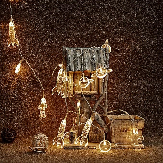 50 LED Children's Room LED String Light Astronaut Spaceship Rocket Pendants Holiday Party Lights Wall Window Nursery or Kids room Decor Wedding Around the Garden Party Patio Christmas (Warm White)