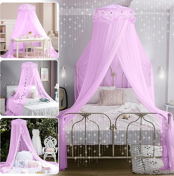 Jeteventy Bed Canopy for Girls, Princess Bed Curtain Net for Single to King Size,Bedroom Decoration of Round Lace Dome with Stainless Steel Hook,Quick Easy Installation (Purple)