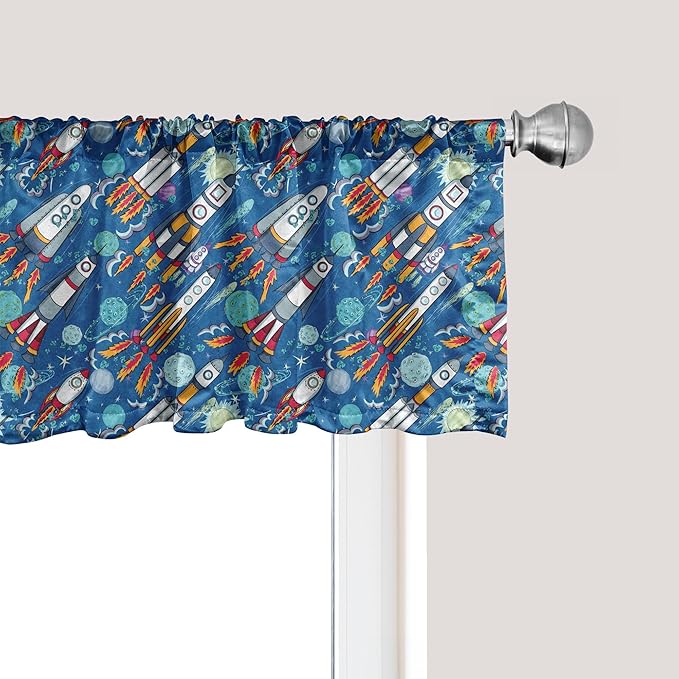 Ambesonne Spaceship Window Valance Pack of 2, Hand-Drawn Cartoon Spaceships Planets and Stars Outer Space Exploration Theme, Rod Pocket Curtain Valances for Kitchen Bedroom, 42" X 12", Violet Blue