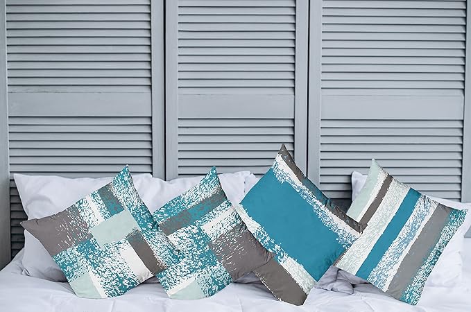 Ambesonne Grunge Throw Pillow Cushion Case Pack of 4, Abstract Design Simplistic Minimal Stripes Brushstrokes Contemporary, Modern Accent Double-Sided Digital Printing, 20", Sea Blue Grey and White