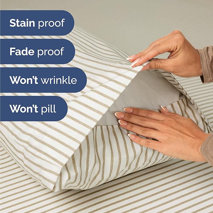Twin Size 3 Piece Sheet Set - Comfy Breathable & Cooling Bed Sheets Set - Hotel Luxury Bedding for Women, Men, Kids, Teens, Boys & Girls - Deep Pockets, Soft, Wrinkle Free - Oeko-Tex - Beige Stripes 2