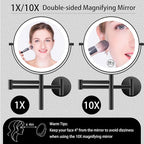 8" Wall Mounted Makeup Mirror with Handle, 3 Color Lights Dimmable and 1X/10X Magnification, Rechargeable Bathroom Wall Mount Magnifying Mirror with Extension Arm Height Adjustable Black