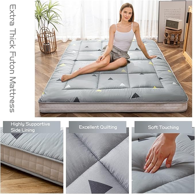 MAXYOYO Grey Triangle Futon Mattress, Japanese Floor Mattress Quilted Bed Mattress Topper, Extra Thick Folding Sleeping Pad Breathable Floor Lounger Guest Bed for Camping, King