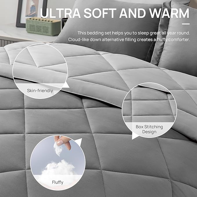 Love's cabin Queen Comforter Set Grey, 7 Pieces Queen Bed in a Bag, All Season Bedding Sets with 1 Comforter, 1 Flat Sheet, 1 Fitted Sheet, 2 Pillowcase and 2 Pillow Sham